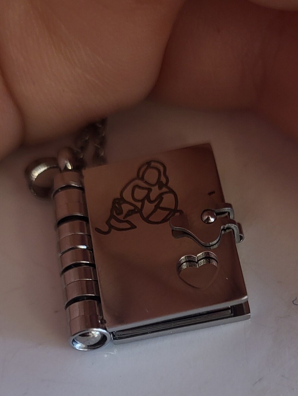 Silver Book Locket Necklace with Heart Accent